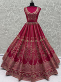 Rich Pink Thread Embroidered Silk Bridal Lehenga Choli With Double Dupatta