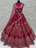 Rich Pink Thread Embroidered Silk Bridal Lehenga Choli With Double Dupatta