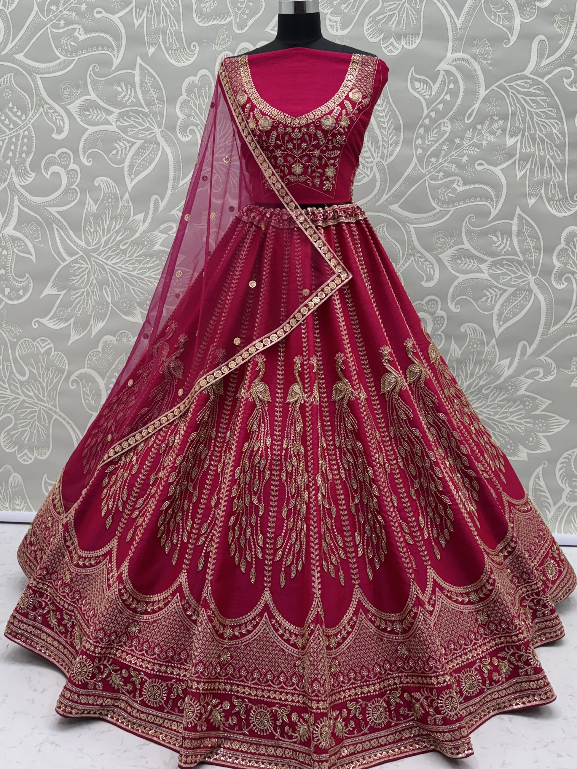 Rich Pink Thread Embroidered Silk Bridal Lehenga Choli With Double Dupatta