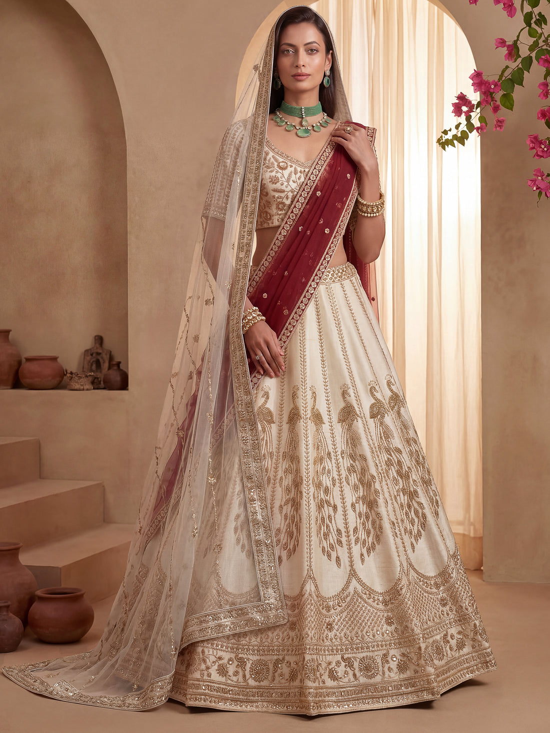 Fantastic White Sequins Silk Bridal Wear Lehenga Choli With Double Dupatta