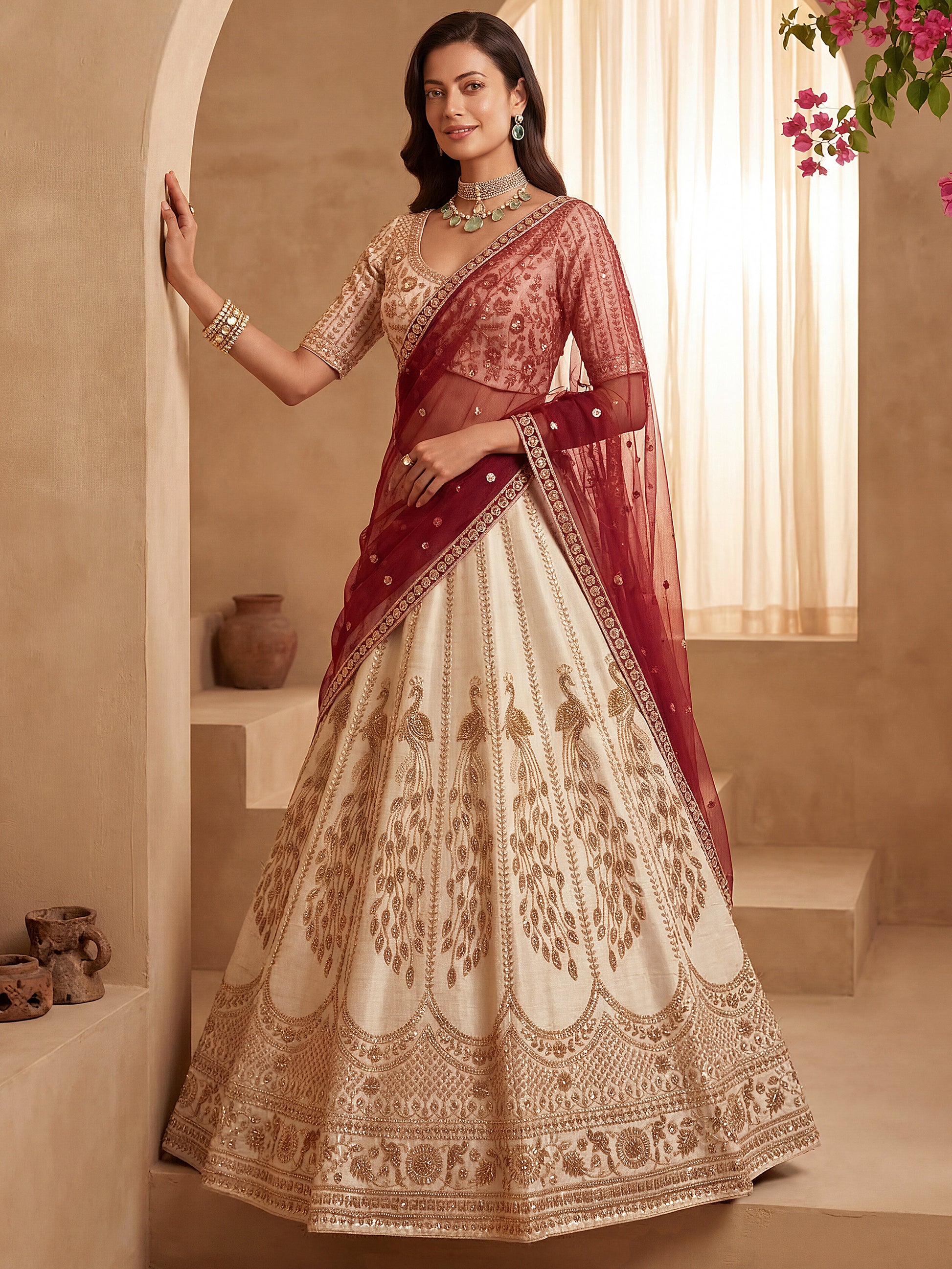 Fantastic White Sequins Silk Bridal Wear Lehenga Choli With Double Dupatta