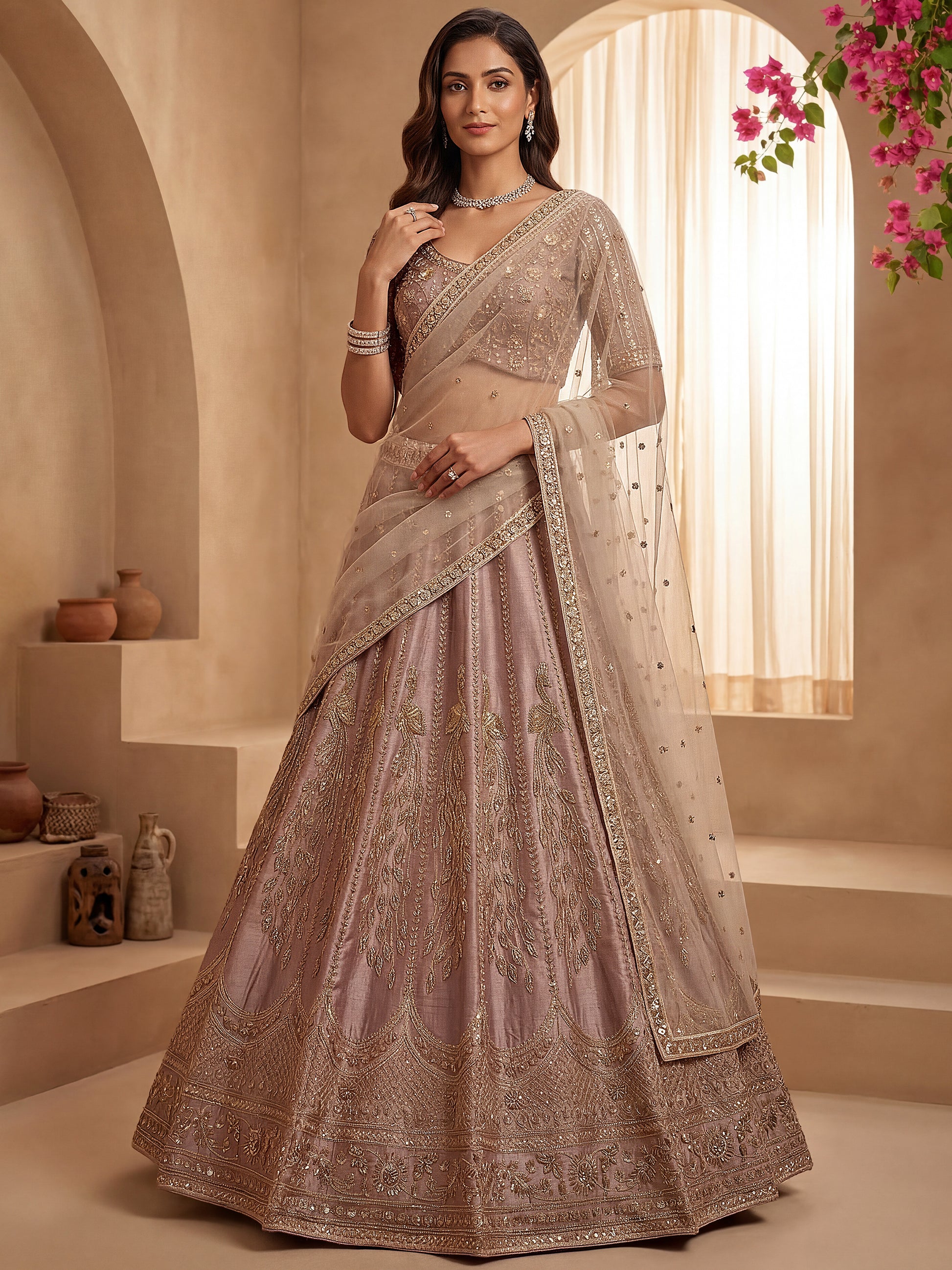 Marvelous Lavender Sequins Silk Bridal Lehenga Choli With Double Dupatta