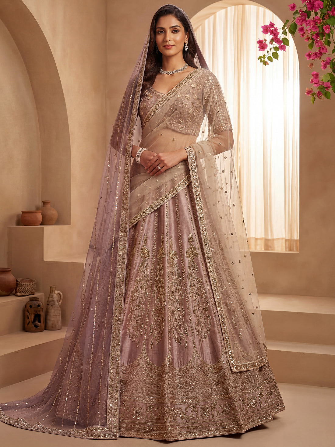 Marvelous Lavender Sequins Silk Bridal Lehenga Choli With Double Dupatta