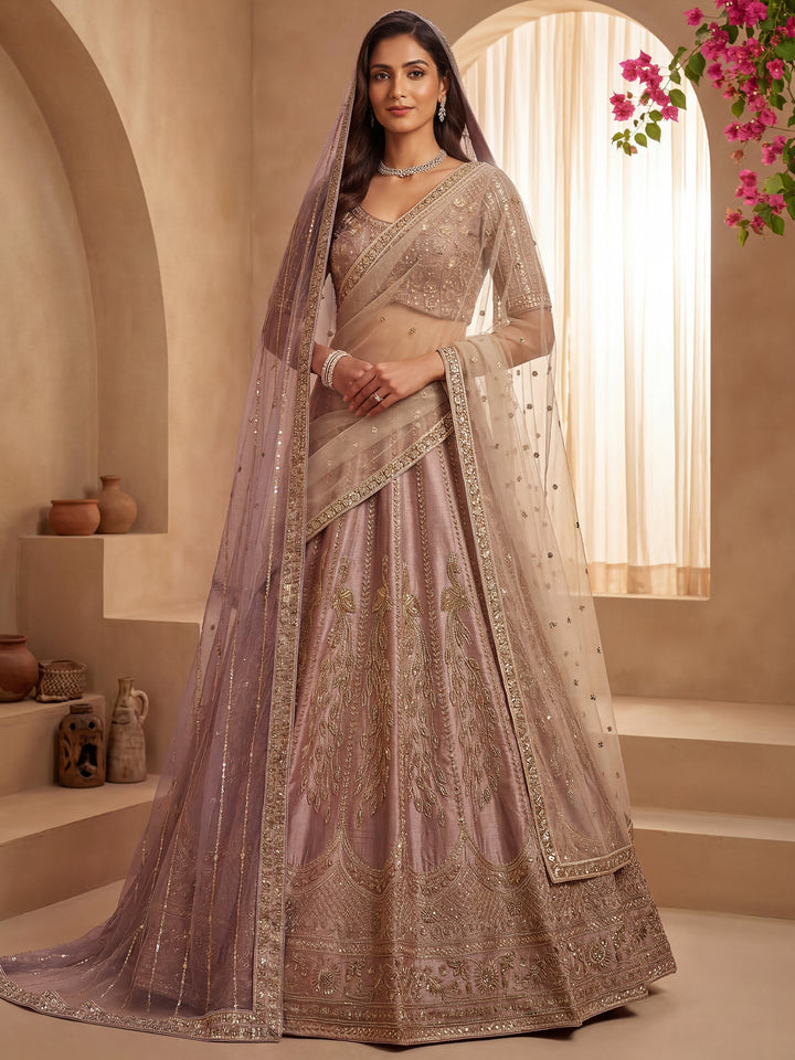 Marvelous Lavender Sequins Silk Bridal Lehenga Choli With Double Dupatta