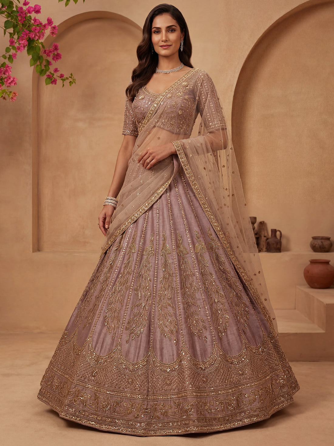 Marvelous Lavender Sequins Silk Bridal Lehenga Choli With Double Dupatta