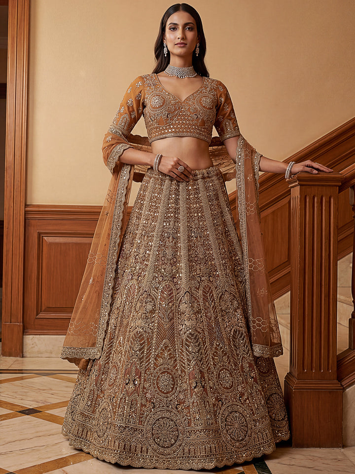 Precious Mustard Yellow Thread Embroidered Net Designer Lehenga Choli