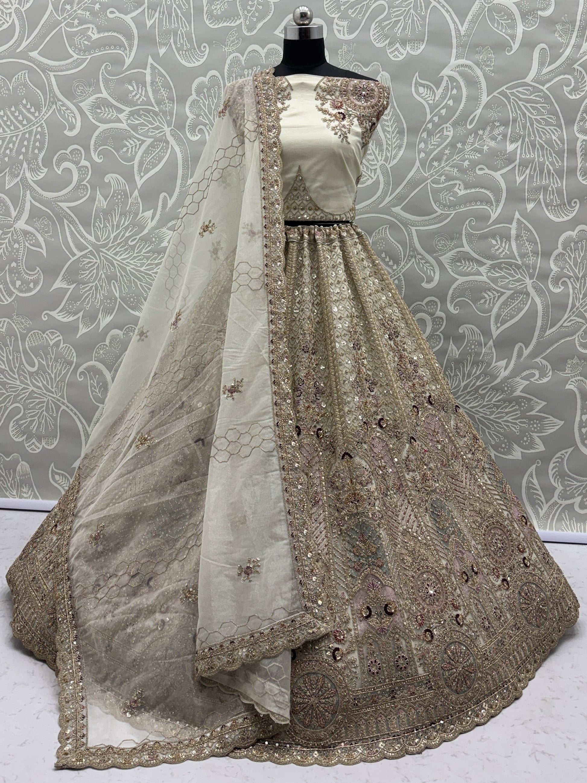 Lovely Off-White Sequins Net Reception Wear Lehenga Choli With Dupatta