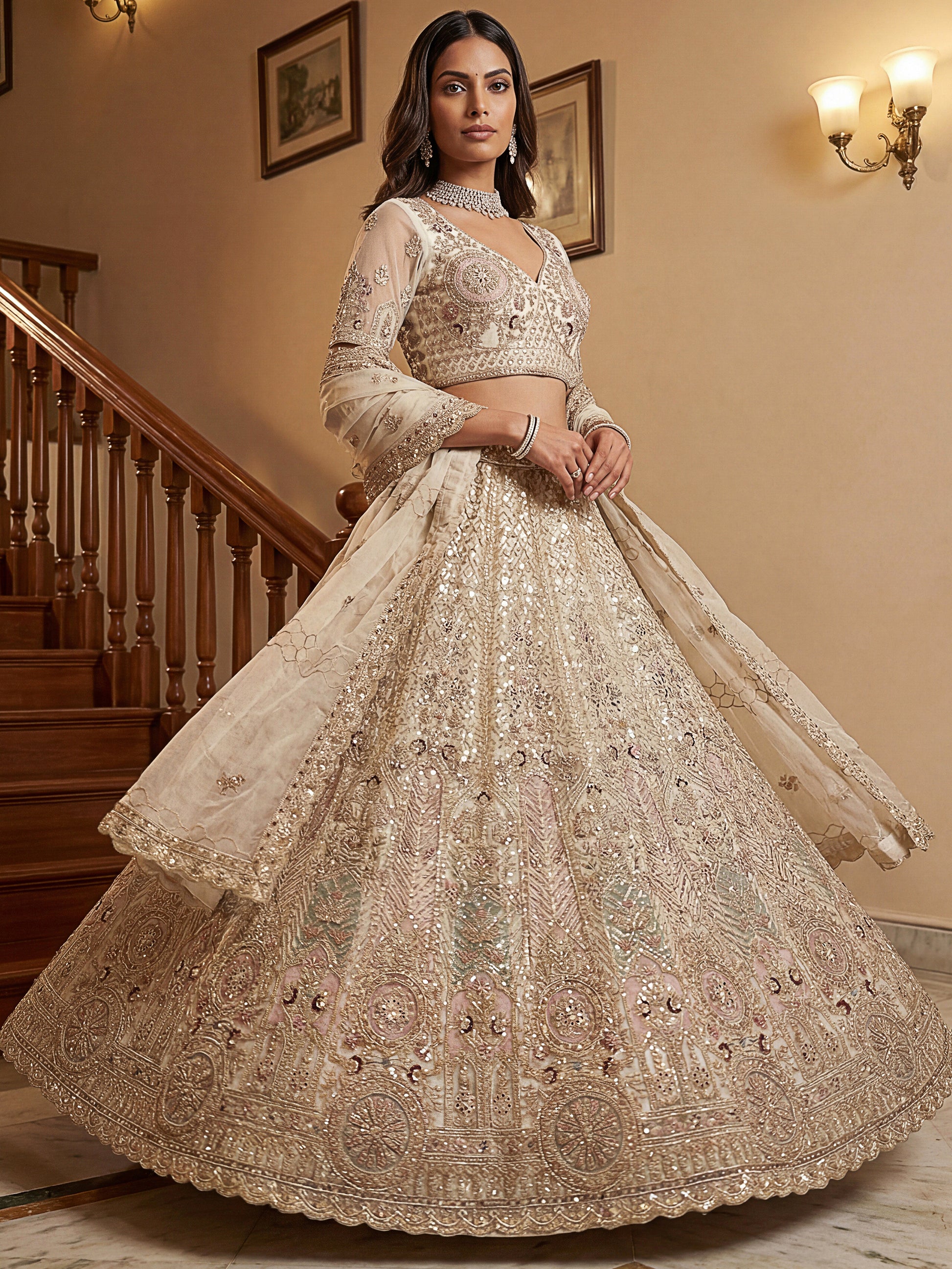 Lovely Off-White Sequins Net Reception Wear Lehenga Choli With Dupatta