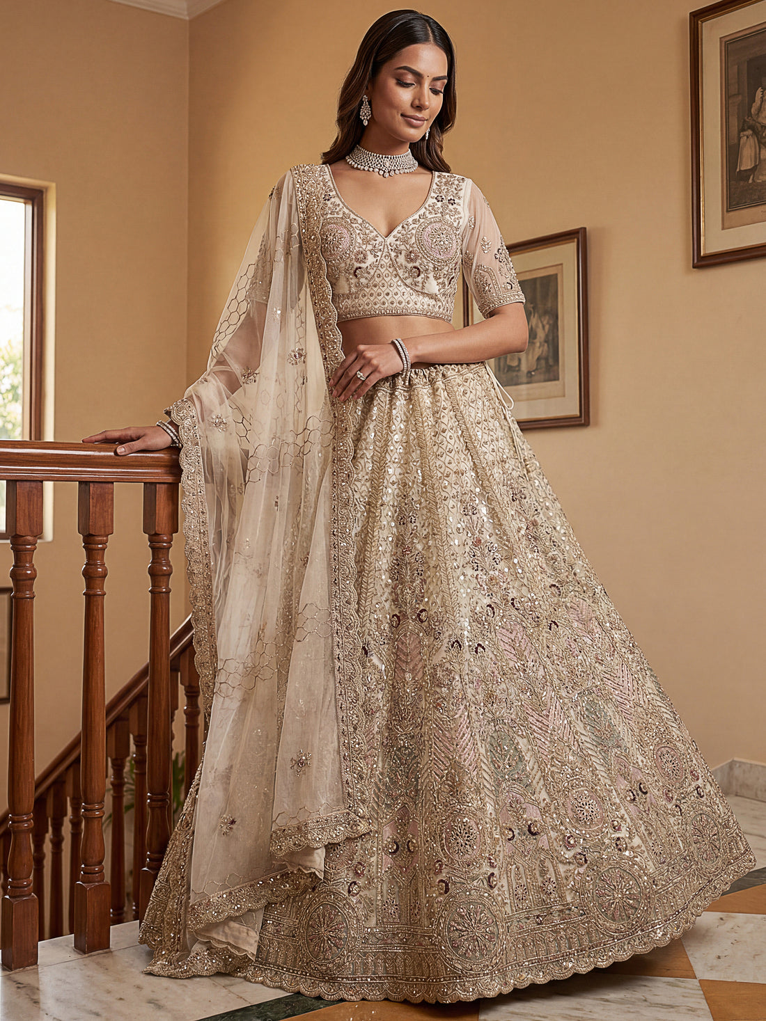 Lovely Off-White Sequins Net Reception Wear Lehenga Choli With Dupatta