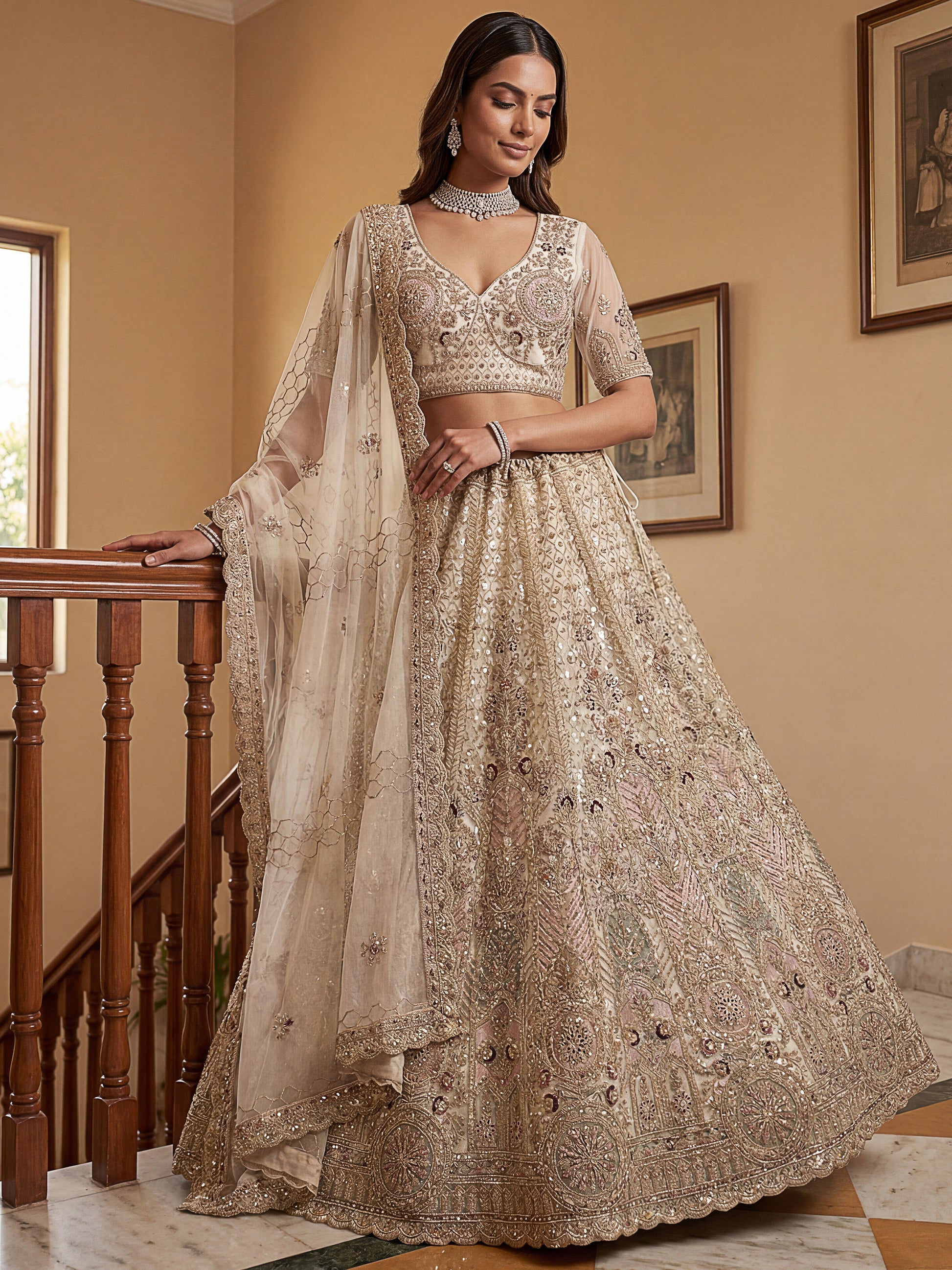 Lovely Off-White Sequins Net Reception Wear Lehenga Choli With Dupatta
