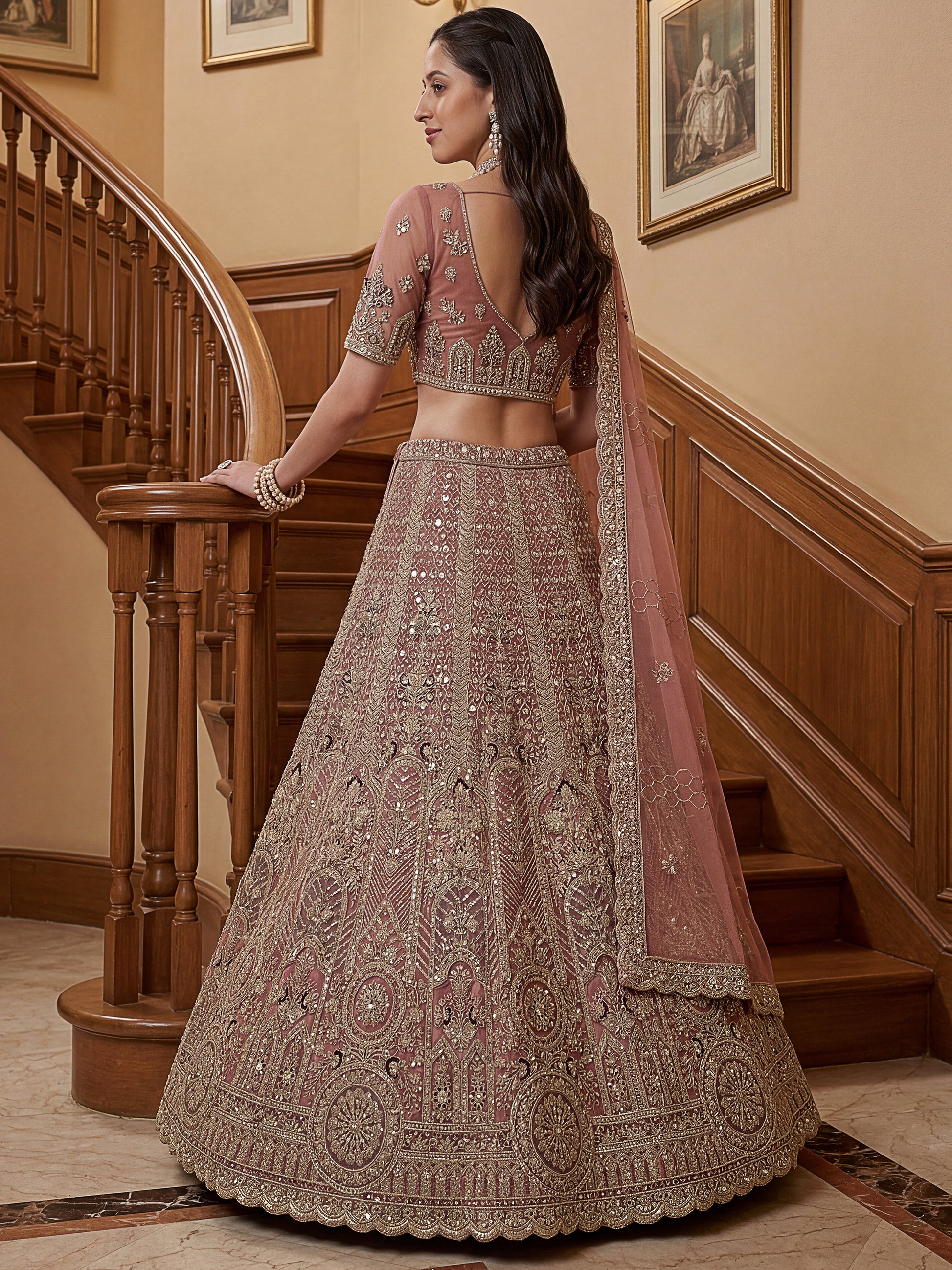 Attractive Dusty Pink Zari Embroidered Net Bridesmaid Lehenga Choli