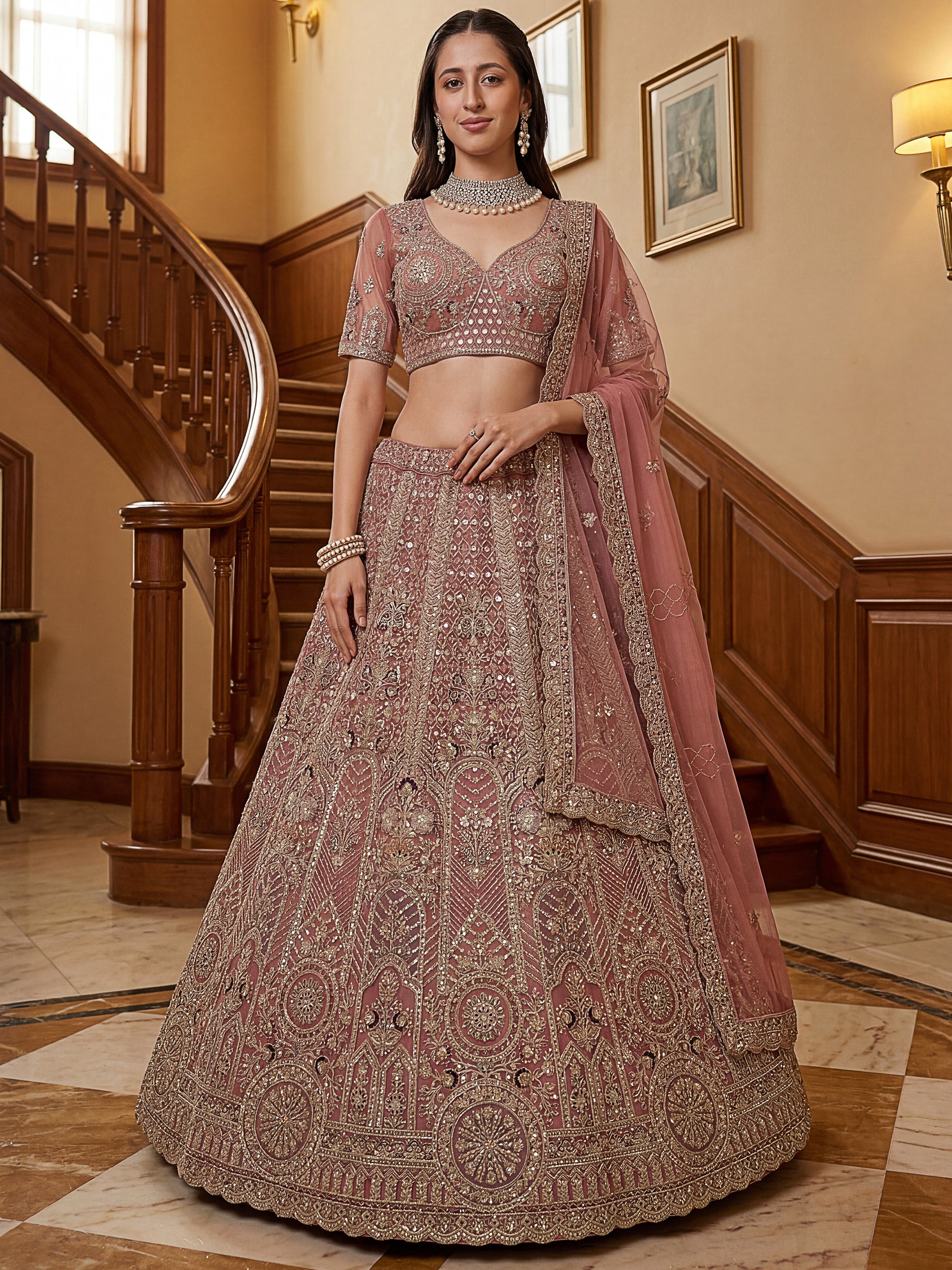 Attractive Dusty Pink Zari Embroidered Net Bridesmaid Lehenga Choli