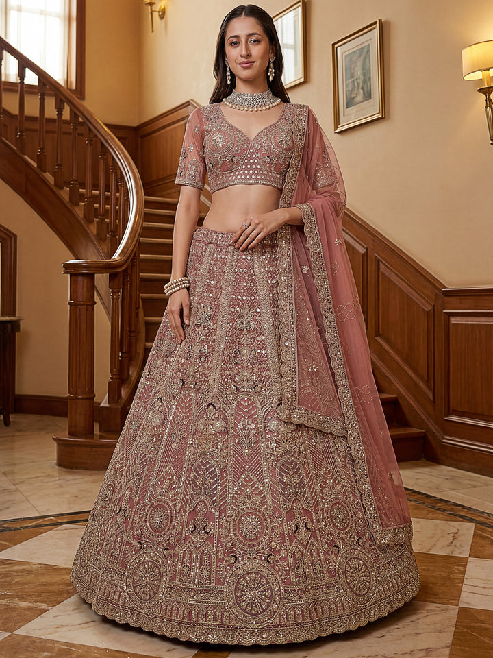 Attractive Dusty Pink Zari Embroidered Net Bridesmaid Lehenga Choli