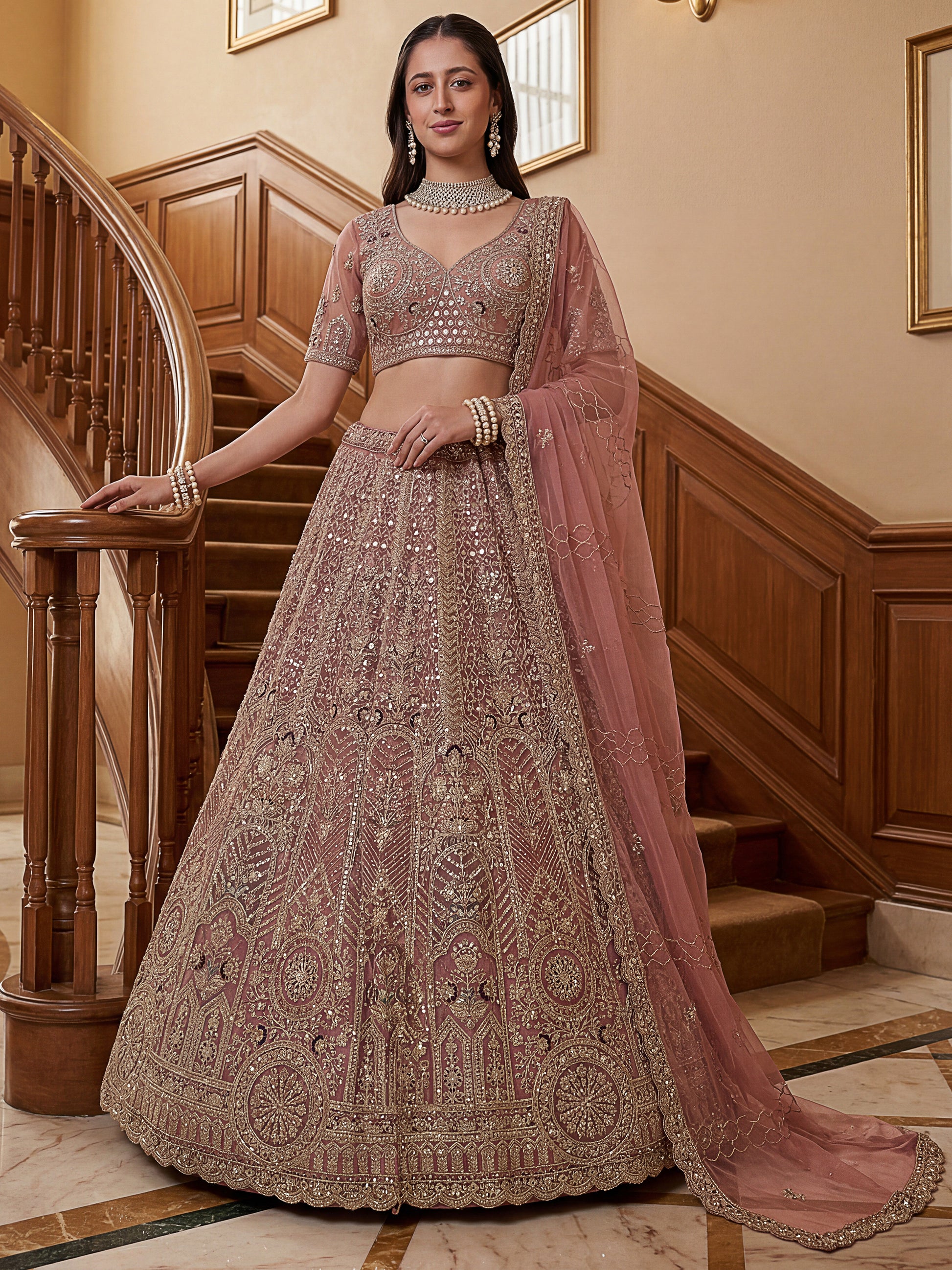 Attractive Dusty Pink Zari Embroidered Net Bridesmaid Lehenga Choli