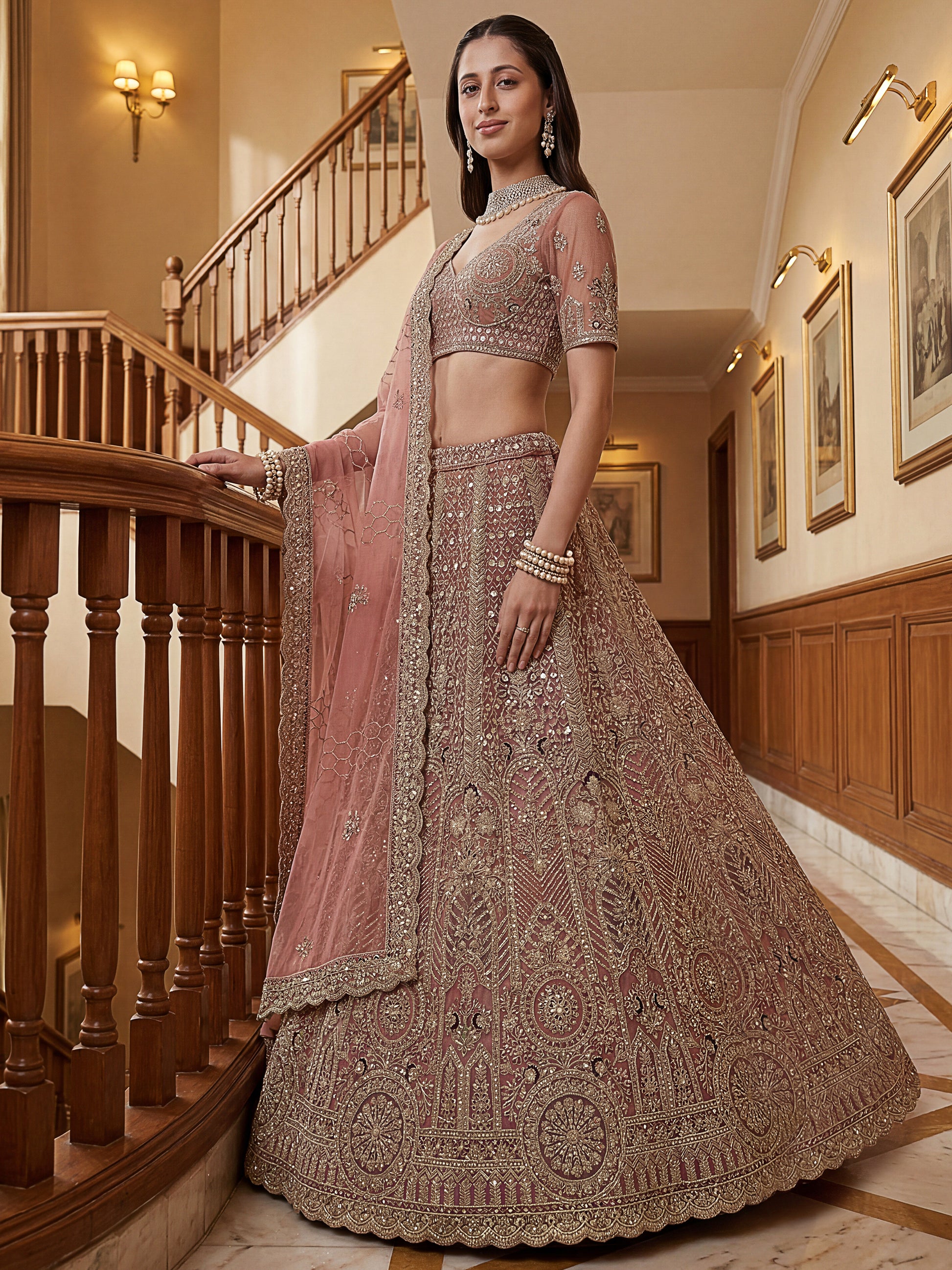 Attractive Dusty Pink Zari Embroidered Net Bridesmaid Lehenga Choli