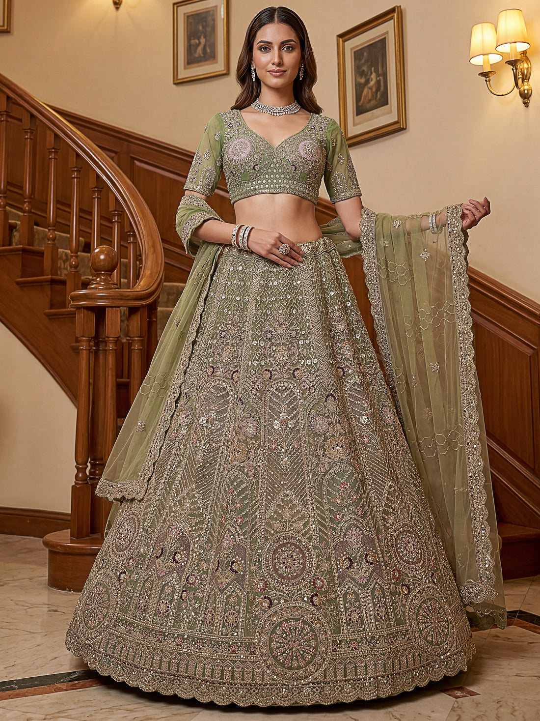 Graceful Green Zari Embroidered Net Engagement Wear Lehenga Choli