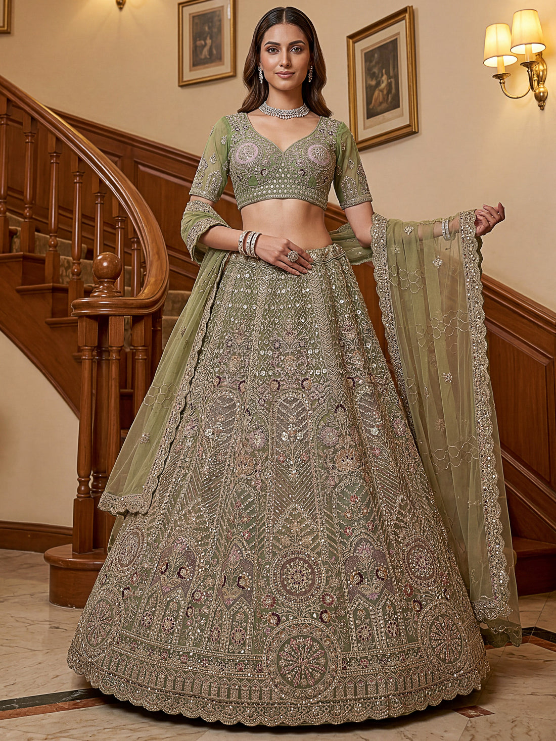 Graceful Green Zari Embroidered Net Engagement Wear Lehenga Choli