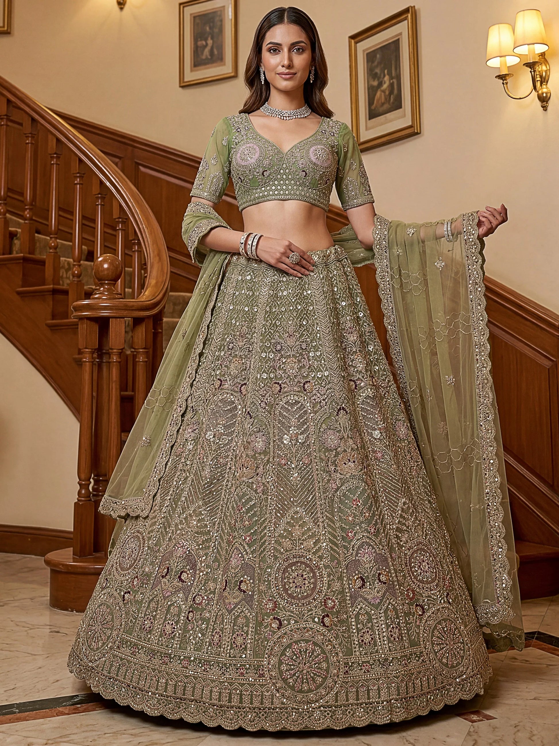 Graceful Green Zari Embroidered Net Engagement Wear Lehenga Choli