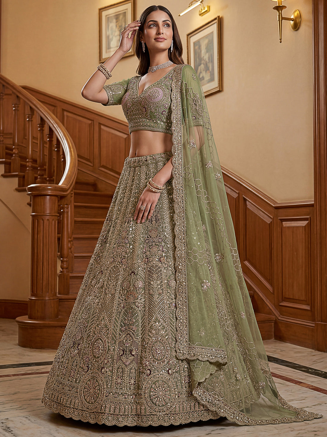 Graceful Green Zari Embroidered Net Engagement Wear Lehenga Choli