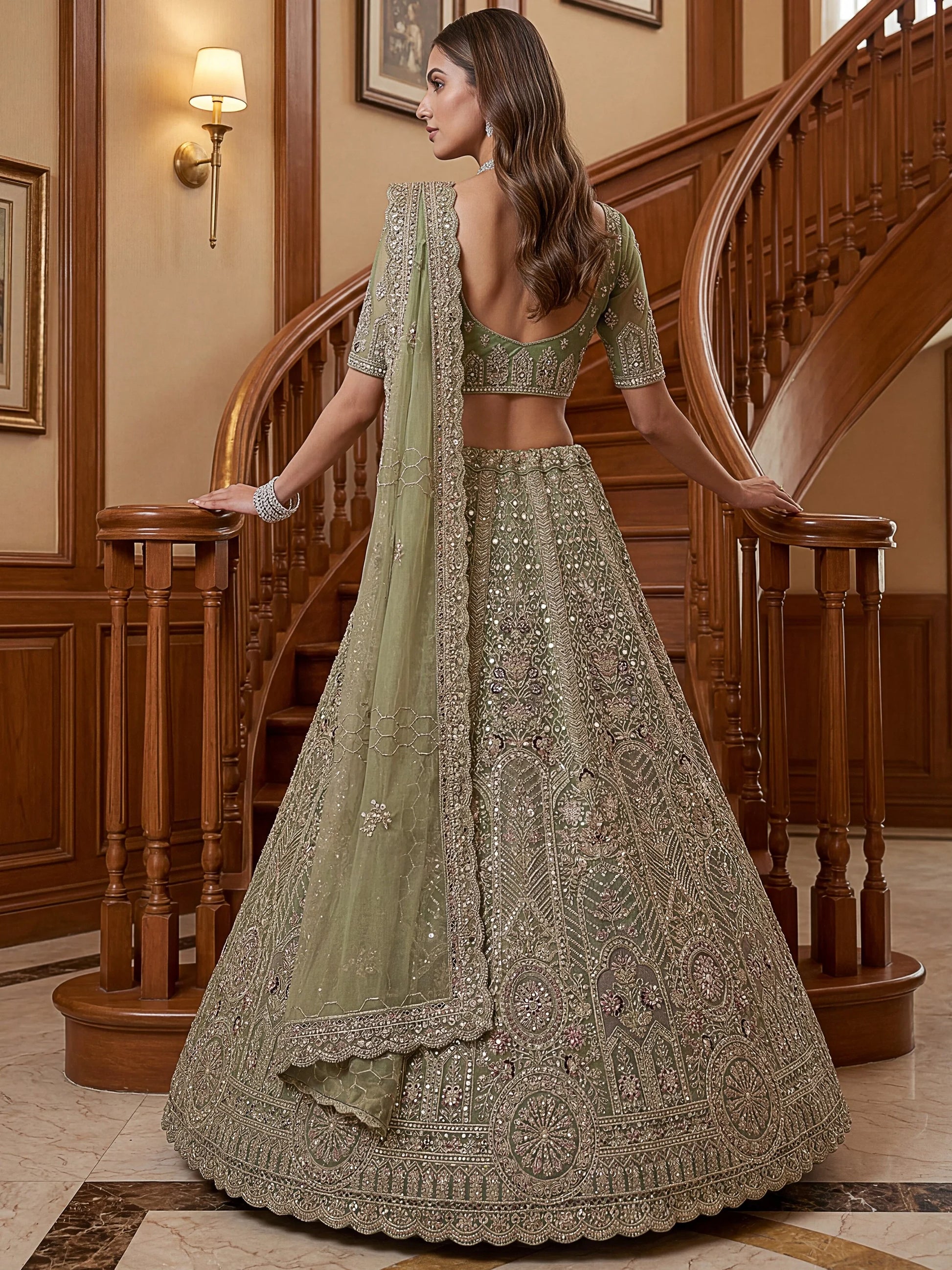 Graceful Green Zari Embroidered Net Engagement Wear Lehenga Choli