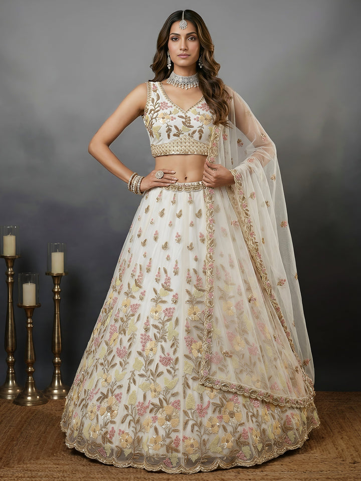 Astonishing White Hand Embroidered Net Reception Wear Lehenga Choli