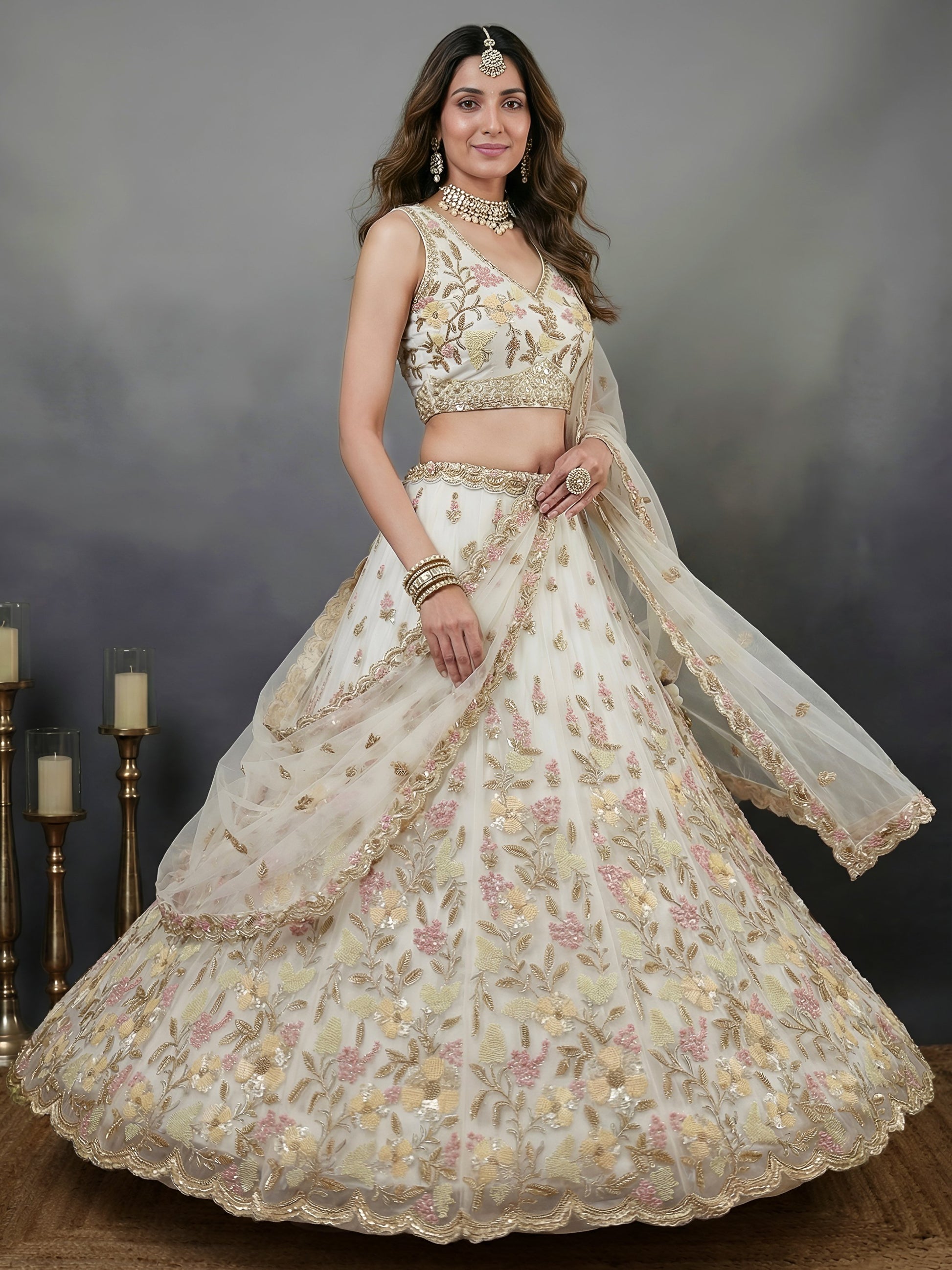 Astonishing White Hand Embroidered Net Reception Wear Lehenga Choli
