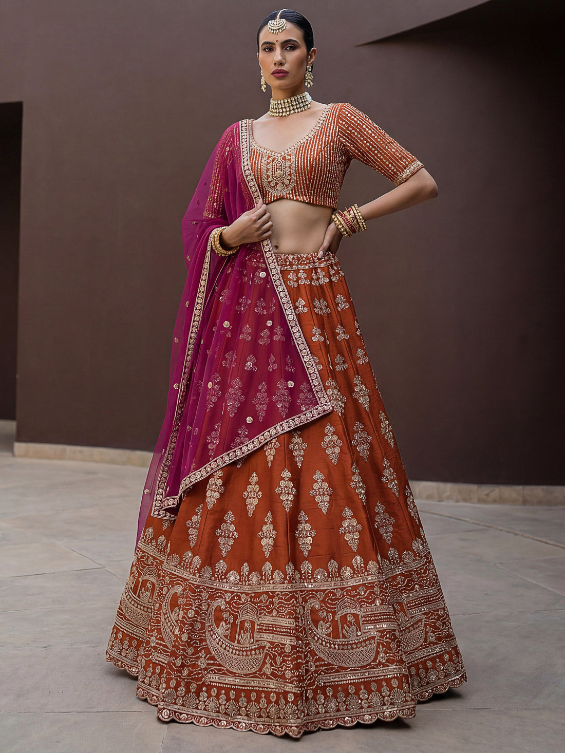 Beautiful Rust Orange Sequins Silk Bridal Lehenga Choli With Double Dupatta