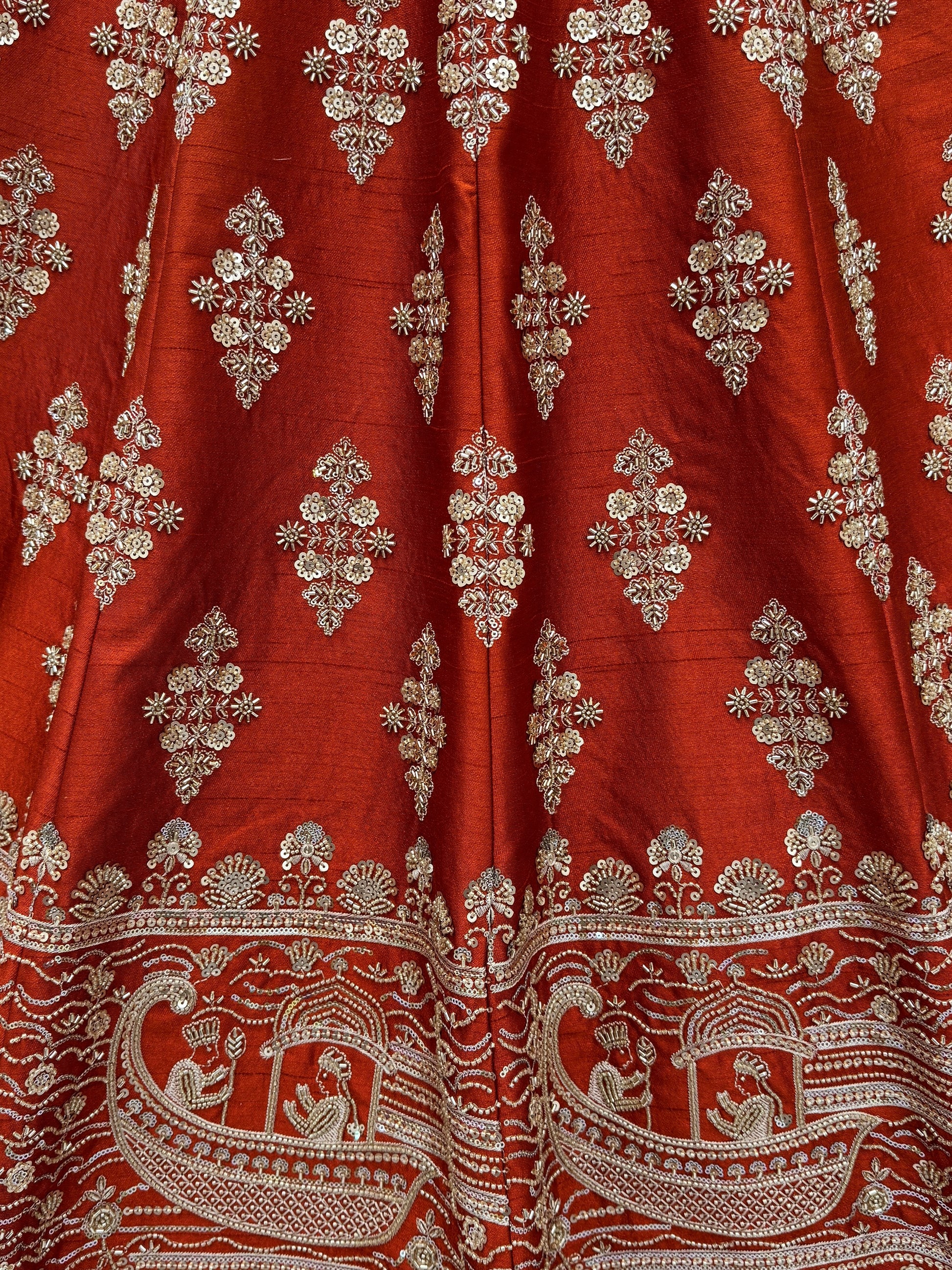 Beautiful Rust Orange Sequins Silk Bridal Lehenga Choli With Double Dupatta