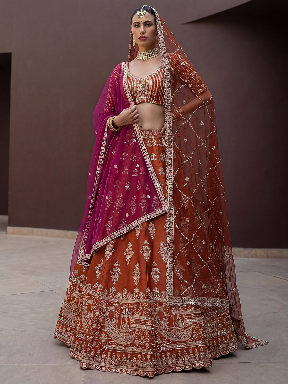 Beautiful Rust Orange Sequins Silk Bridal Lehenga Choli With Double Dupatta