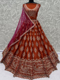 Beautiful Rust Orange Sequins Silk Bridal Lehenga Choli With Double Dupatta