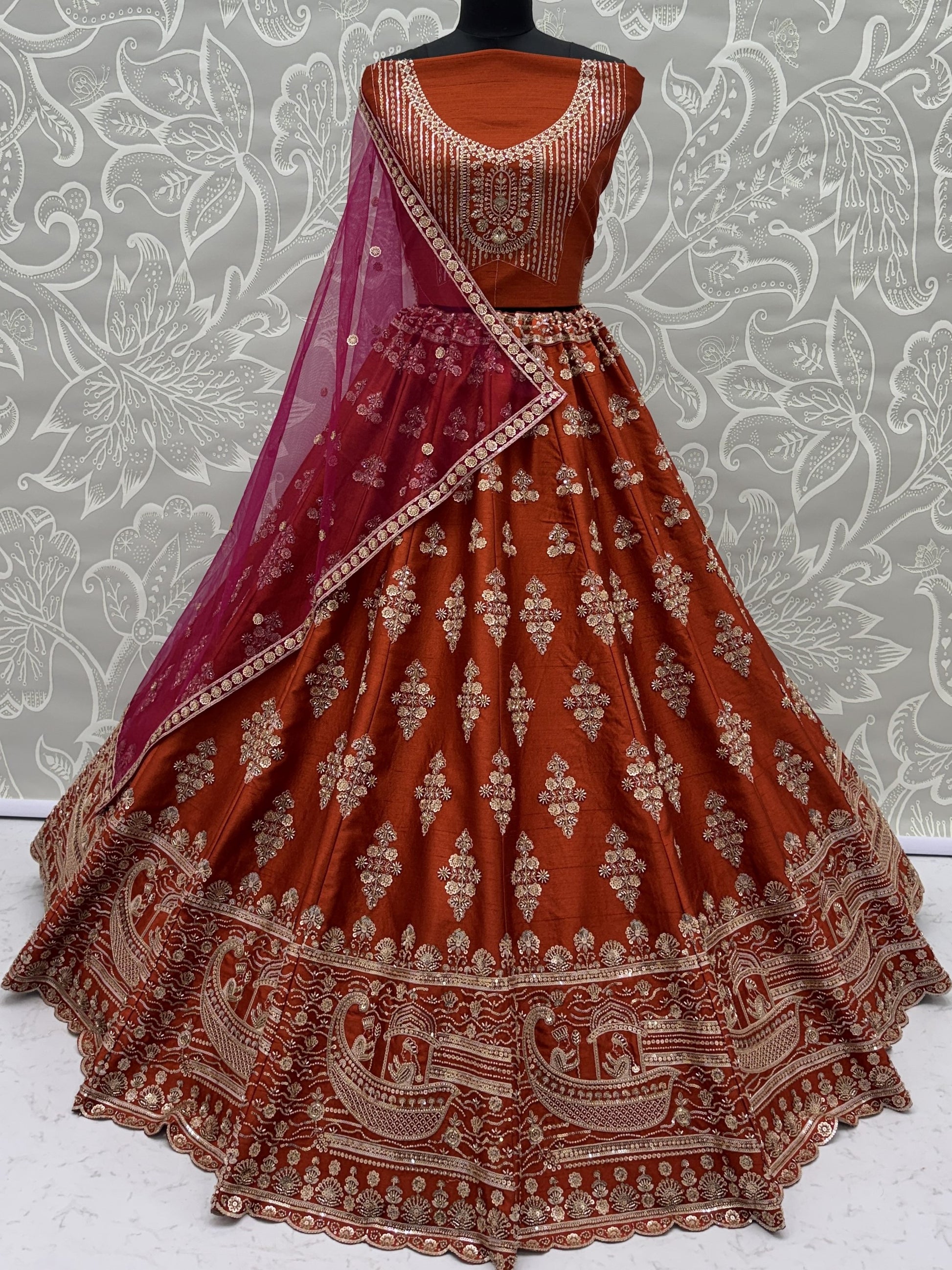 Beautiful Rust Orange Sequins Silk Bridal Lehenga Choli With Double Dupatta