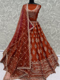Beautiful Rust Orange Sequins Silk Bridal Lehenga Choli With Double Dupatta
