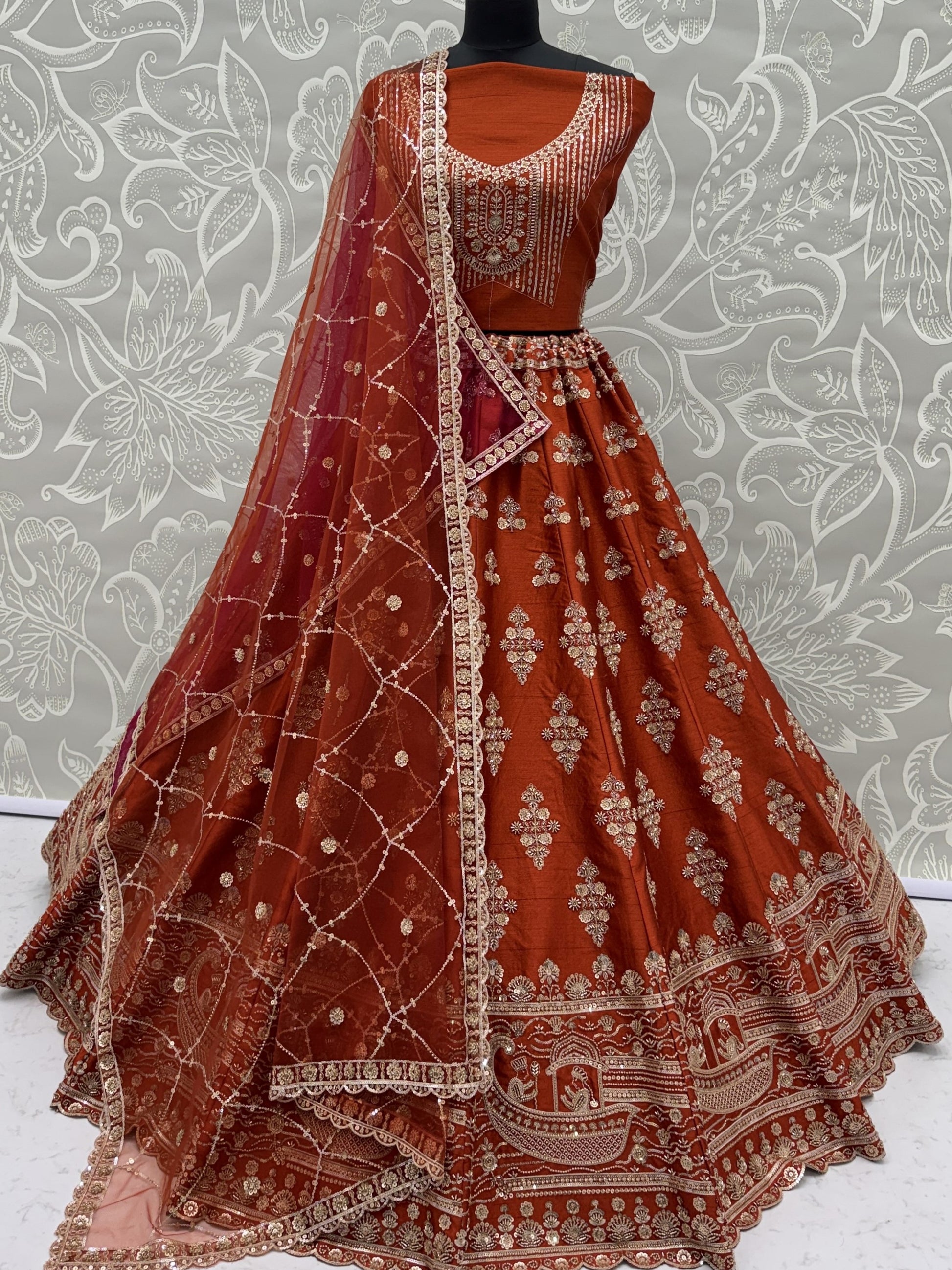 Beautiful Rust Orange Sequins Silk Bridal Lehenga Choli With Double Dupatta