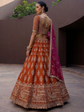 Beautiful Rust Orange Sequins Silk Bridal Lehenga Choli With Double Dupatta