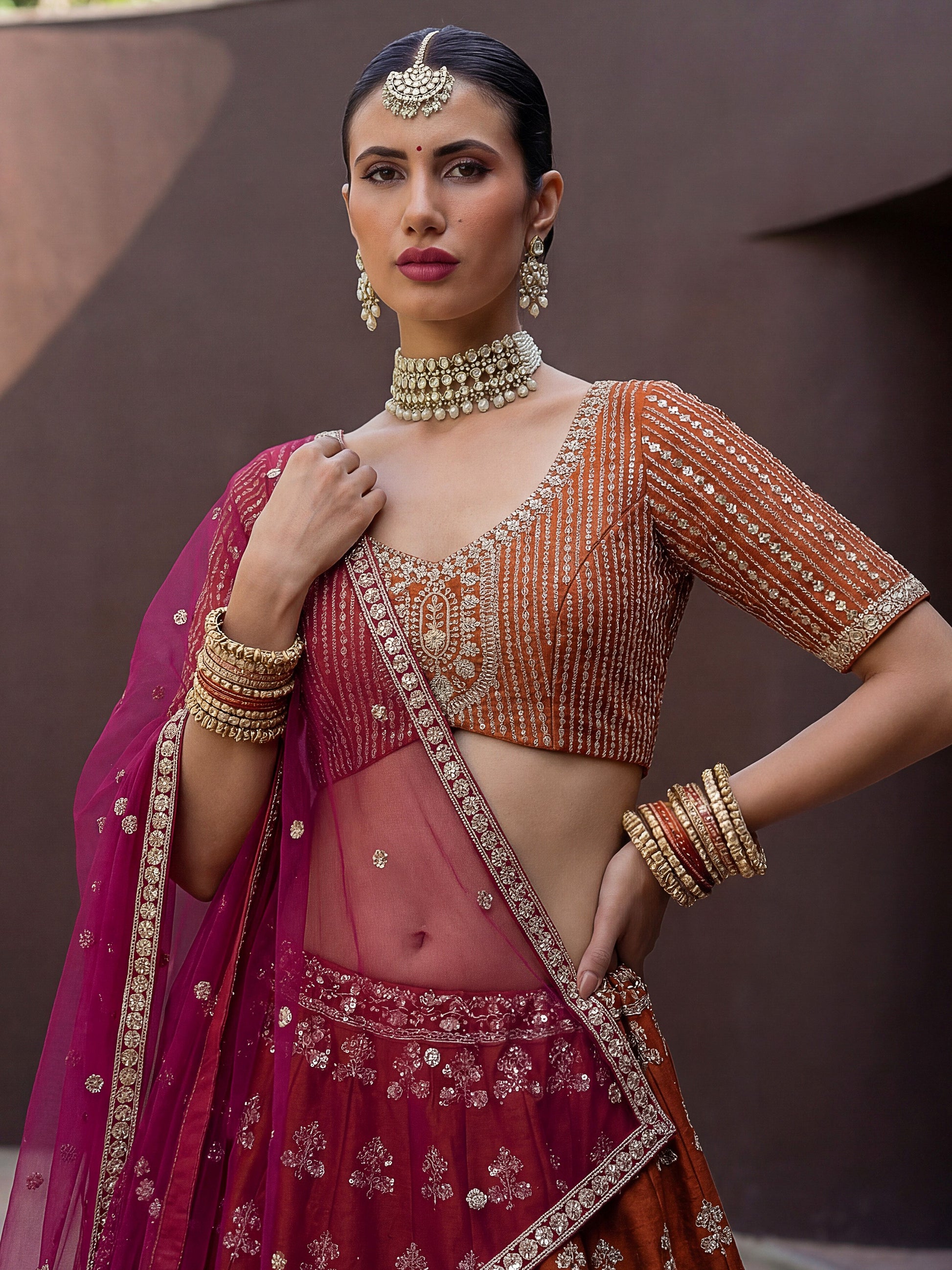 Beautiful Rust Orange Sequins Silk Bridal Lehenga Choli With Double Dupatta