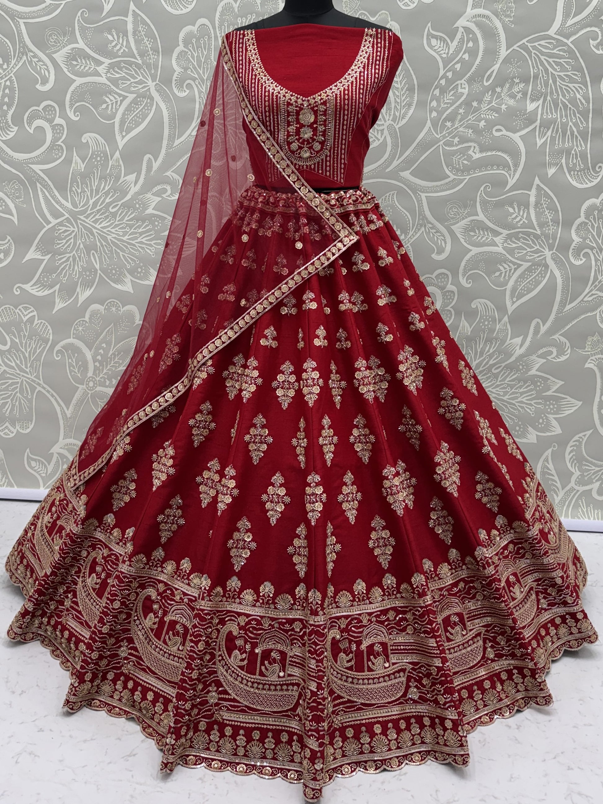 Fantastic Red Hand Work Silk Bridal Wear Lehenga Choli With Double Dupatta