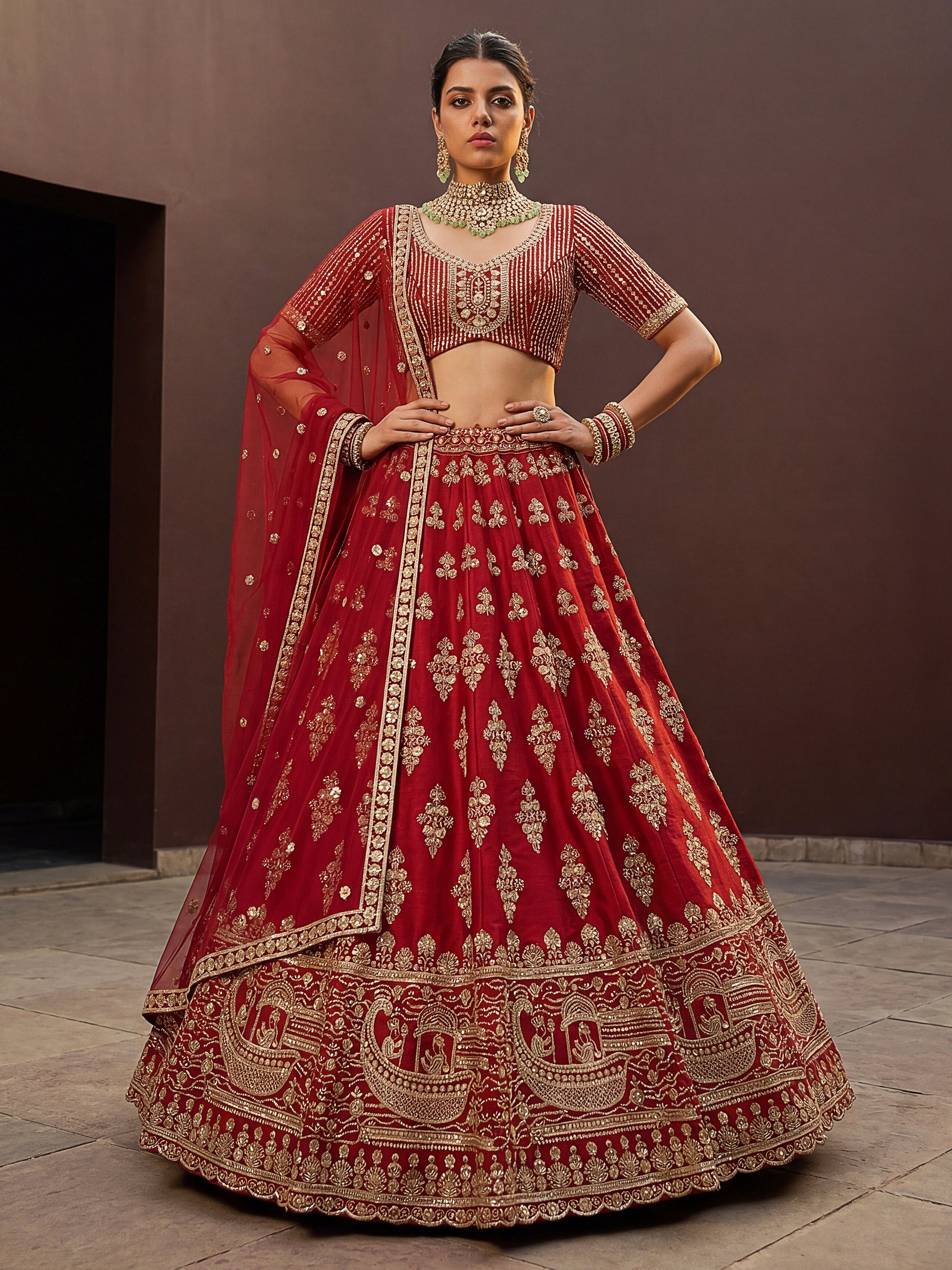 Fantastic Red Hand Work Silk Bridal Wear Lehenga Choli With Double Dupatta