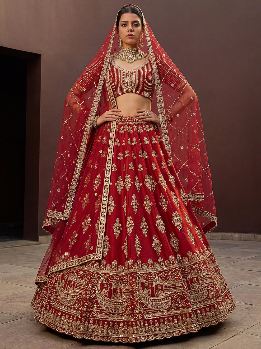 Fantastic Red Hand Work Silk Bridal Wear Lehenga Choli With Double Dupatta