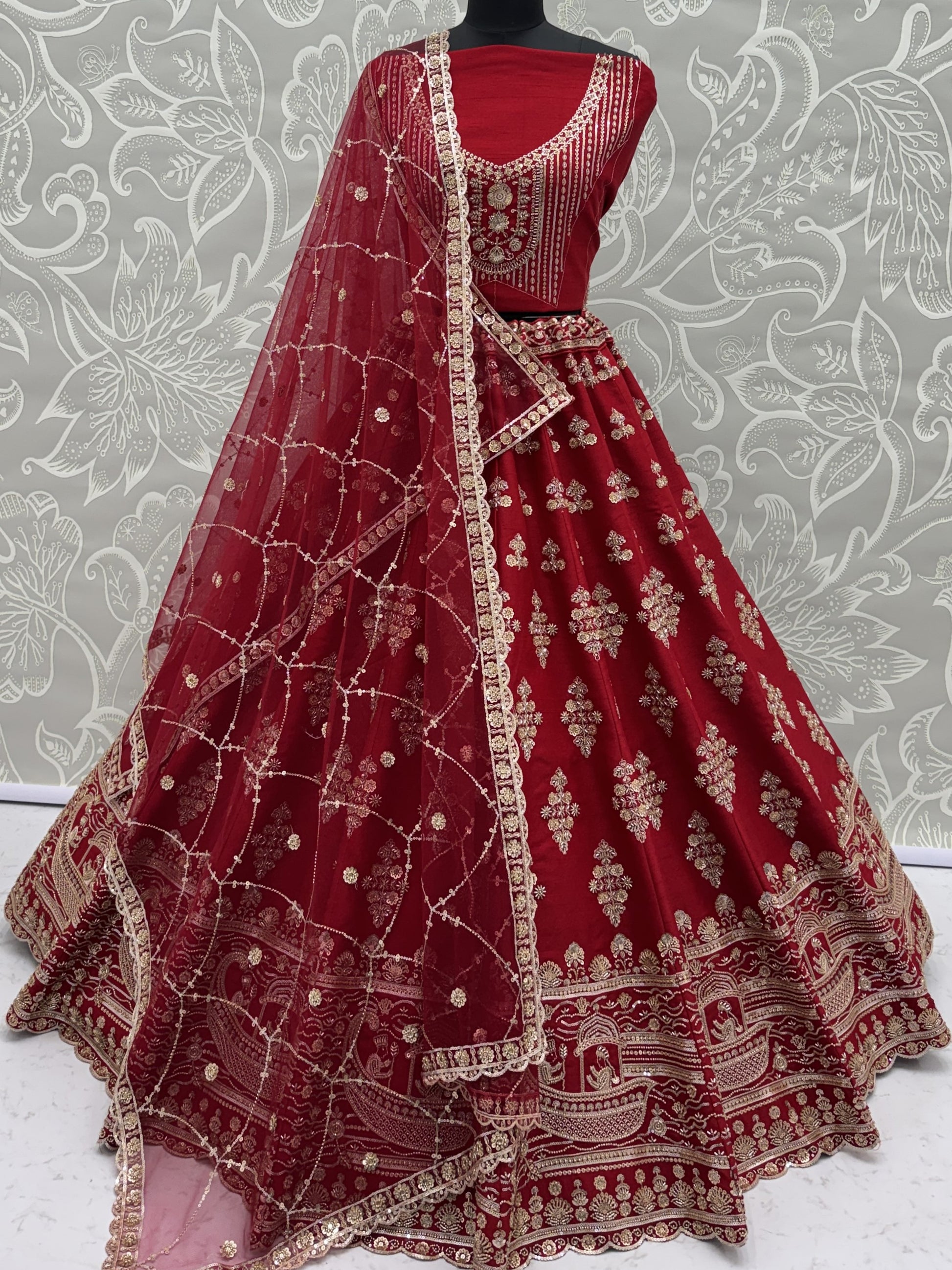 Fantastic Red Hand Work Silk Bridal Wear Lehenga Choli With Double Dupatta
