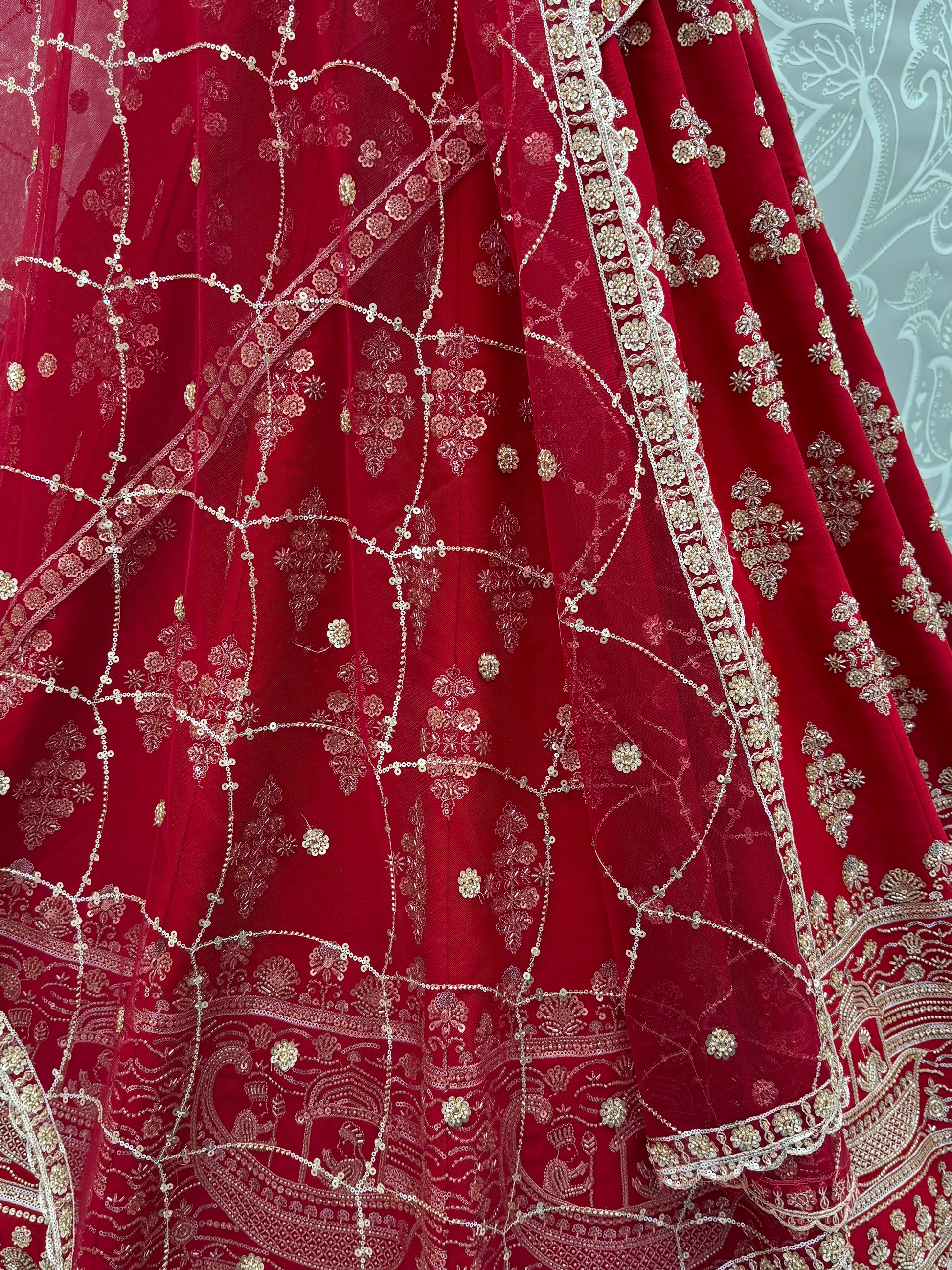 Fantastic Red Hand Work Silk Bridal Wear Lehenga Choli With Double Dupatta