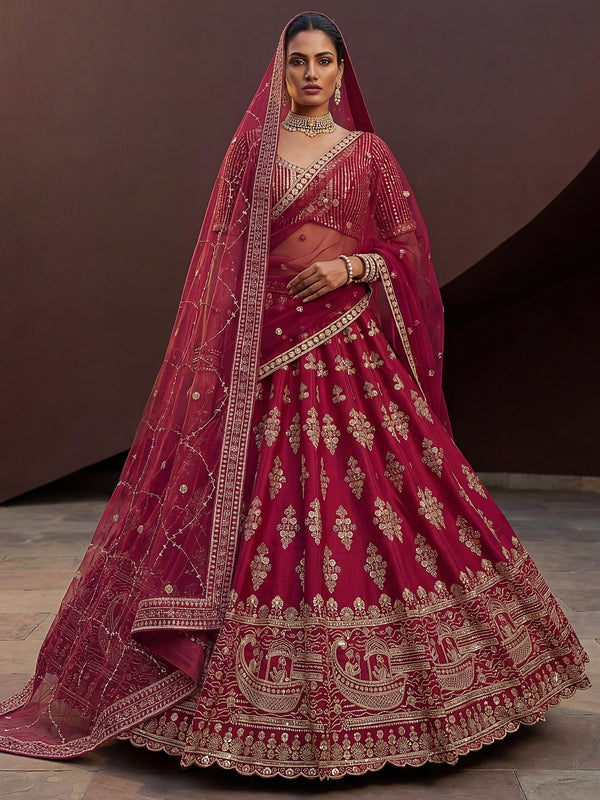 Graceful Pink Zari Embroidered Silk Bridal Lehenga Choli With Double Dupatta