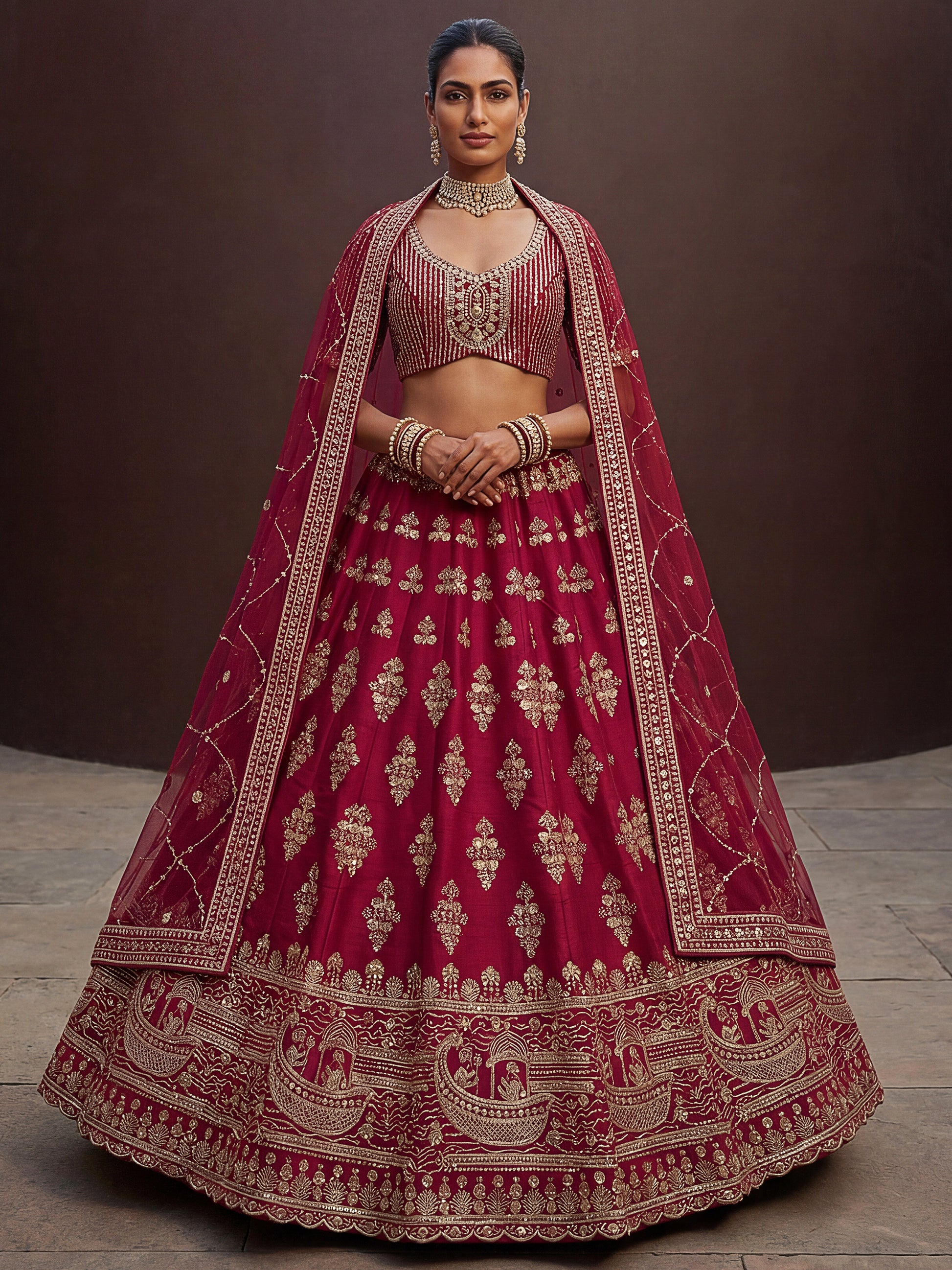 Graceful Pink Zari Embroidered Silk Bridal Lehenga Choli With Double Dupatta