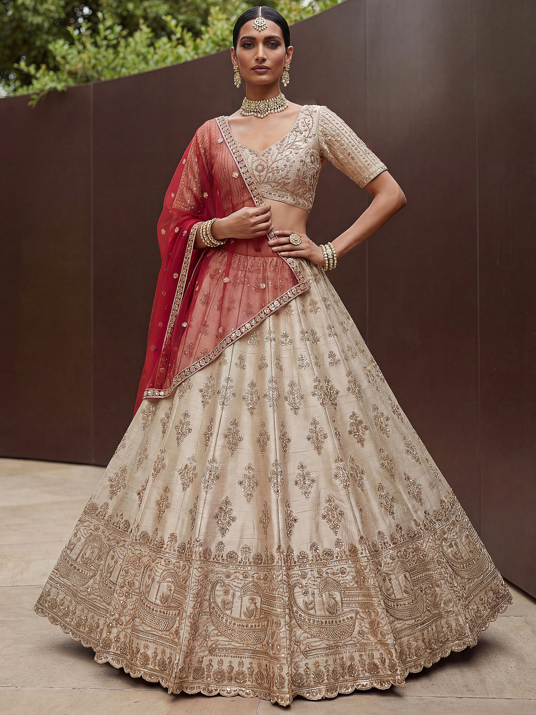 Sparkling Beige Hand Work Silk Bridal Wear Lehenga Choli With Double Dupatta