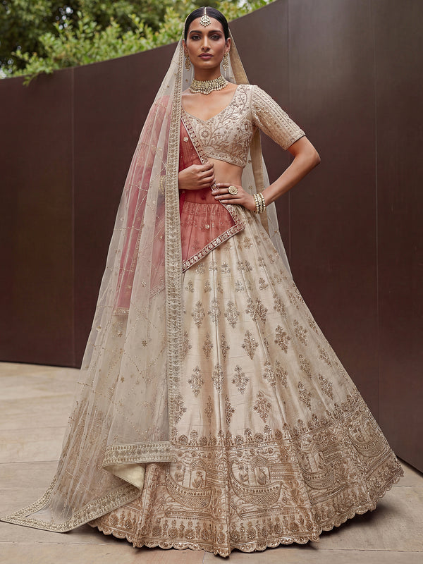 Sparkling Beige Hand Work Silk Bridal Wear Lehenga Choli With Double Dupatta