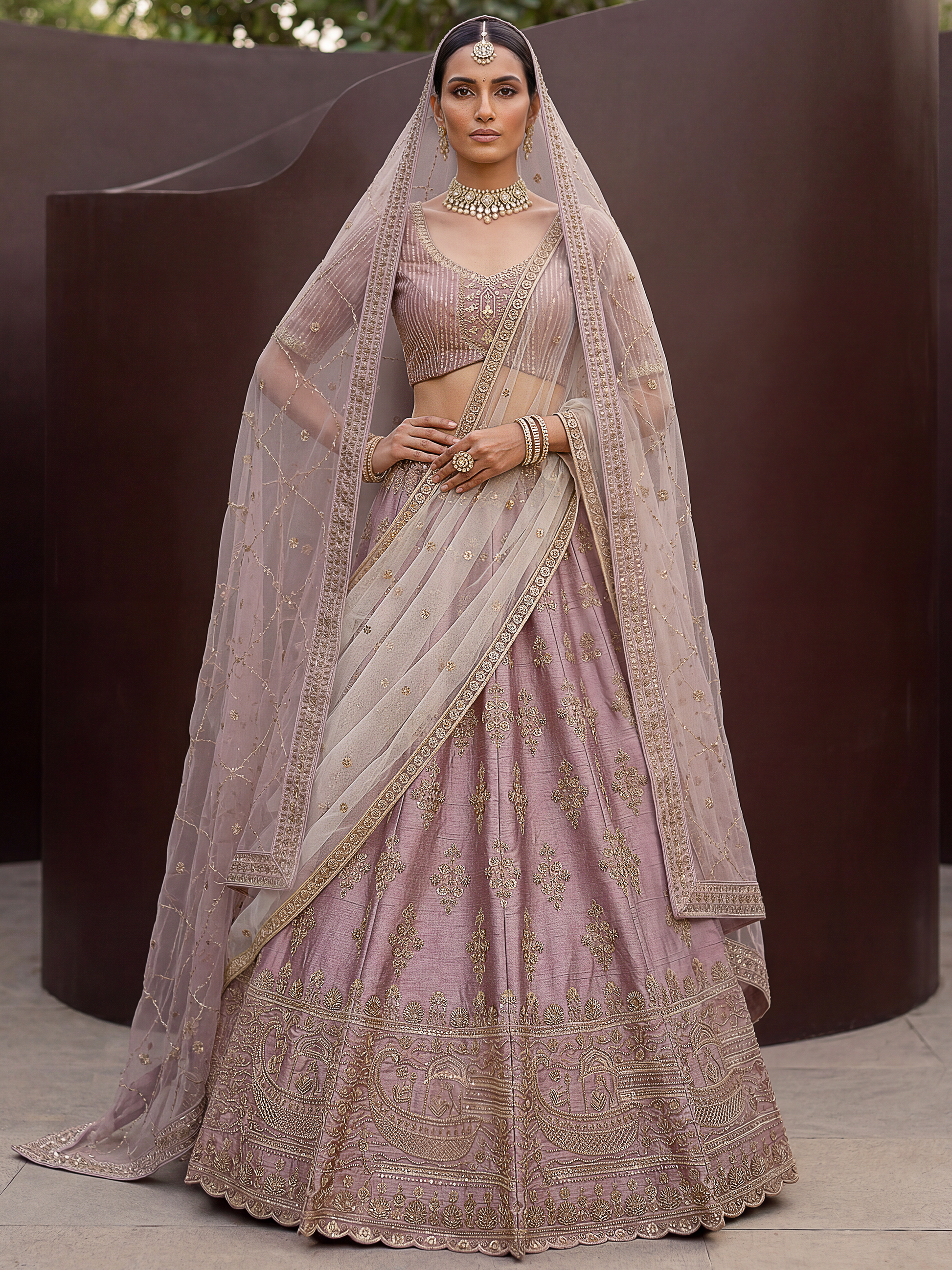 Lovely Mauve Hand Embroidered Silk Bridal Lehenga Choli With Double Dupatta
