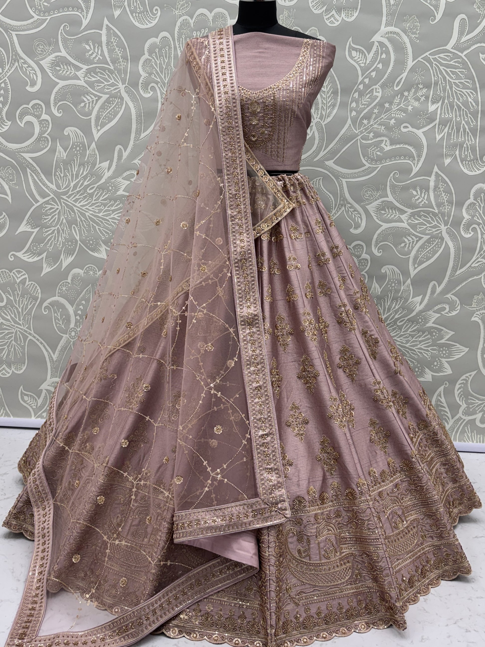 Lovely Mauve Hand Embroidered Silk Bridal Lehenga Choli With Double Dupatta
