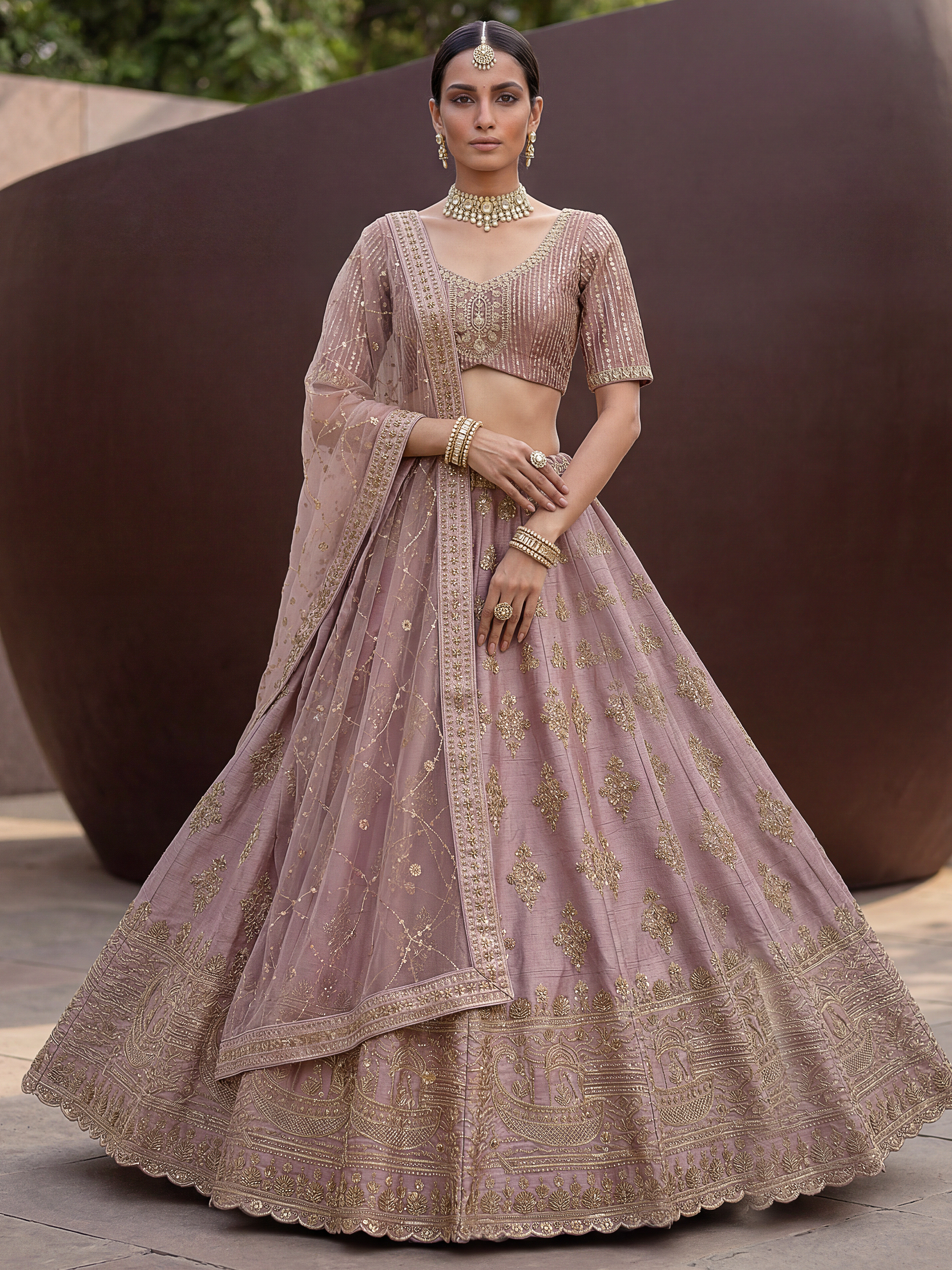 Lovely Mauve Hand Embroidered Silk Bridal Lehenga Choli With Double Dupatta