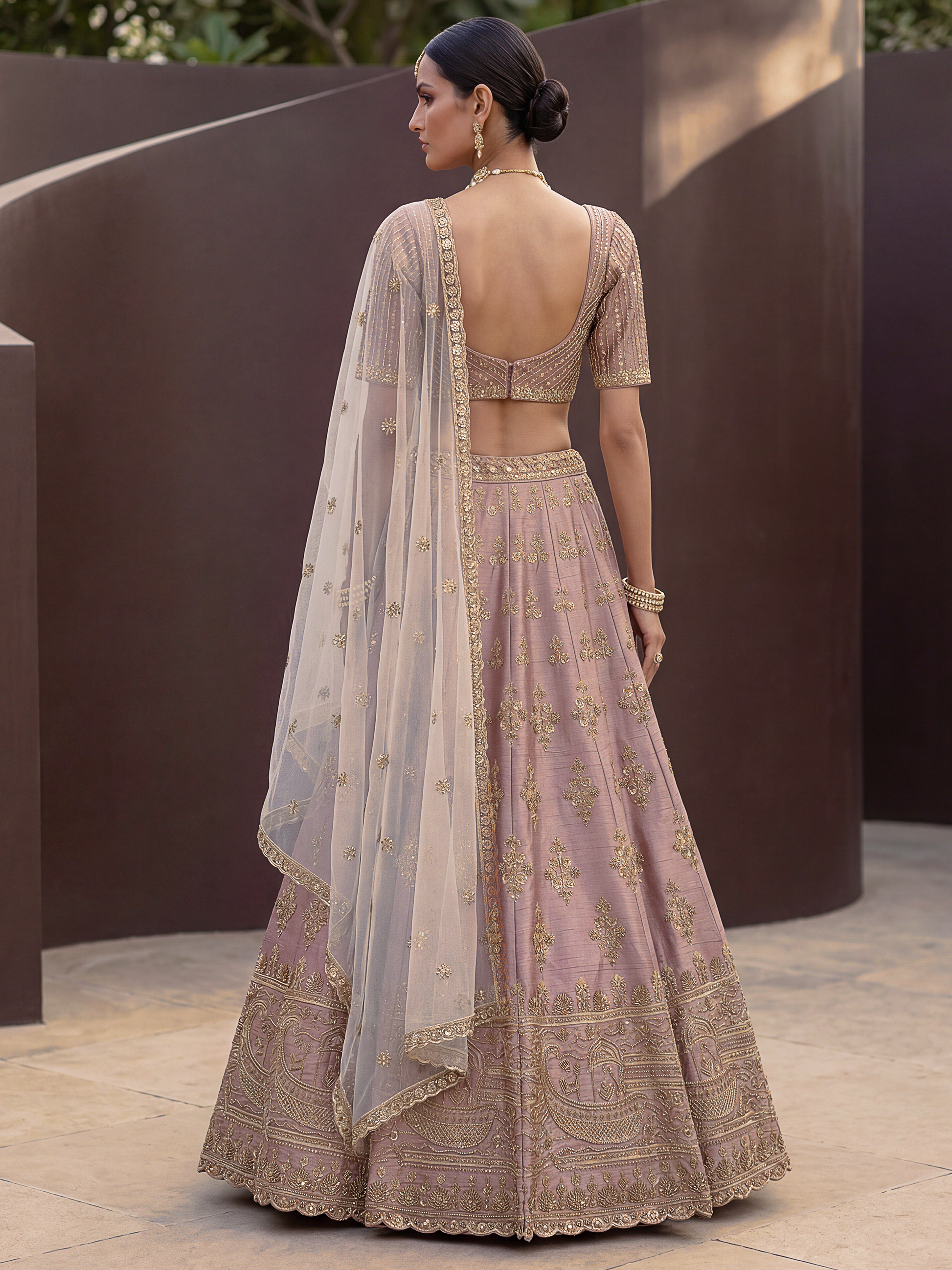 Lovely Mauve Hand Embroidered Silk Bridal Lehenga Choli With Double Dupatta