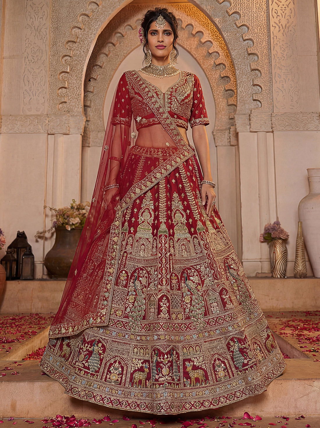 Aesthetic Red Zari Embroidery Silk Bridal Lehenga Choli With Double Dupatta