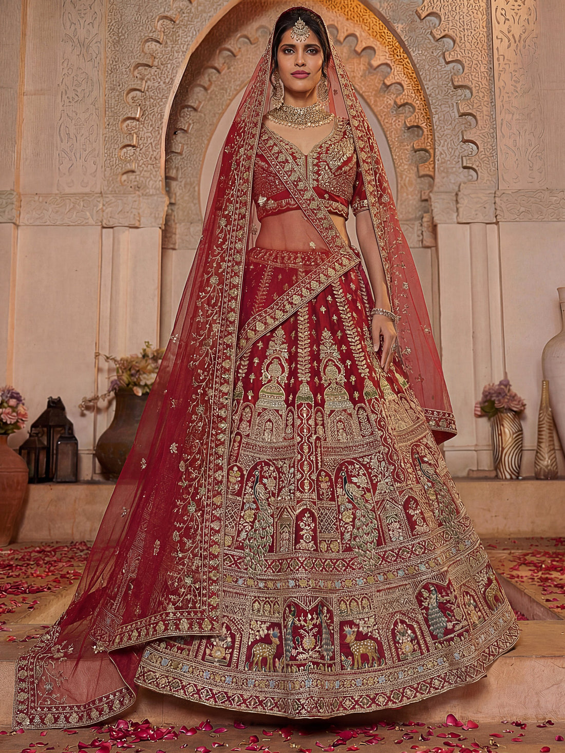 Aesthetic Red Zari Embroidery Silk Bridal Lehenga Choli With Double Dupatta